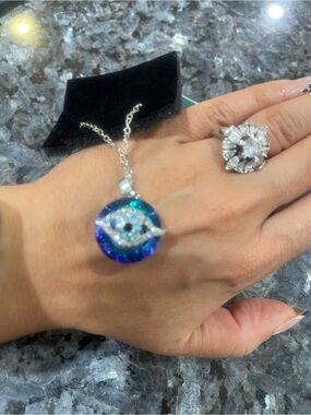 Iridescent Blue Crystal Evil Eye Pendant Necklace